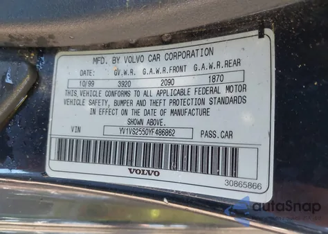 2000 Volvo S40 A/As из США, поврежденный, VIN YV1VS2550YF486862